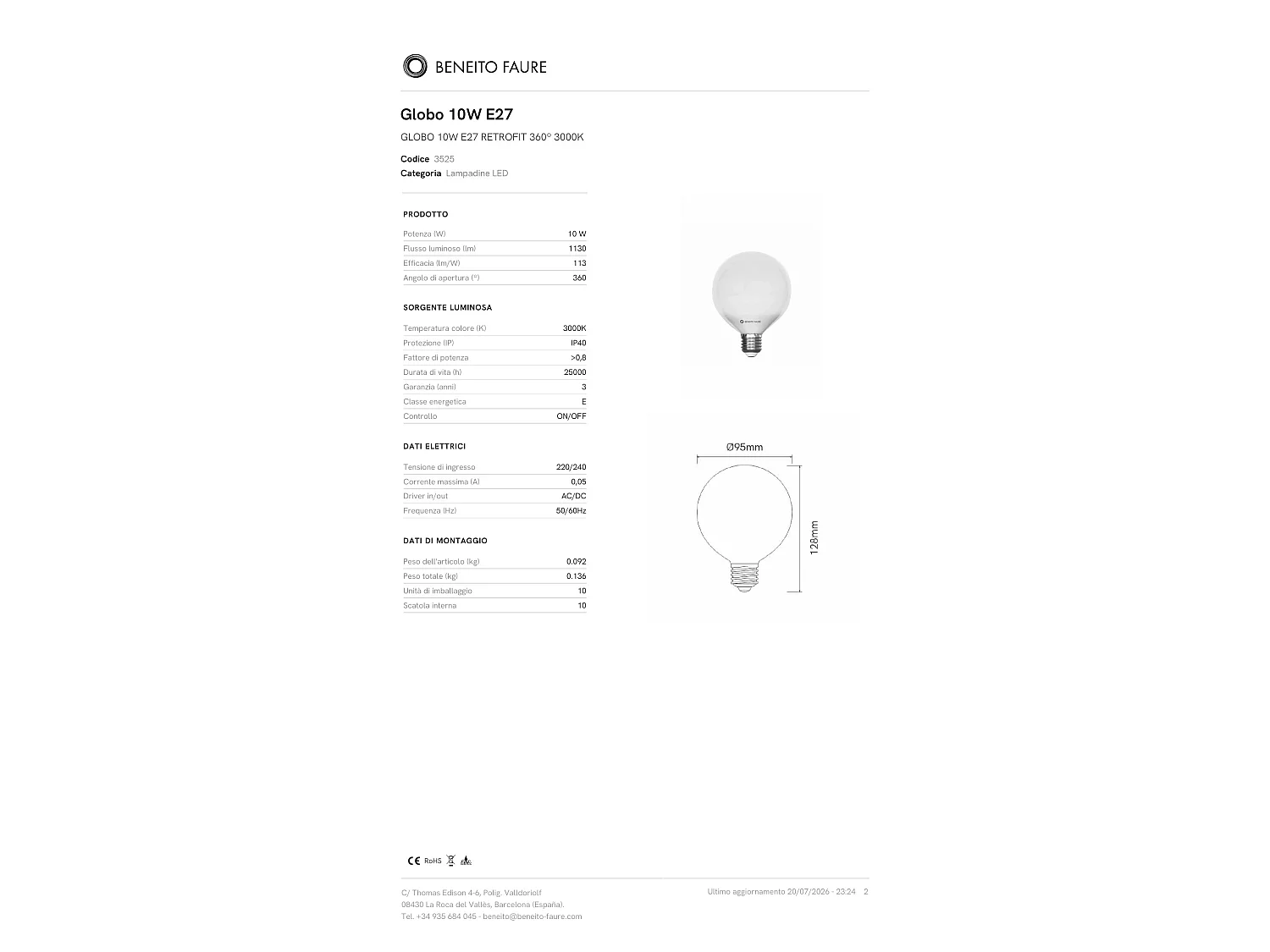 10W E27 LED-Retrofit-Glühbirne, 360° natürliches Licht, 3000K, 1130 Lumen, für Innenbeleuchtung, IP40 - Beneito & Faure