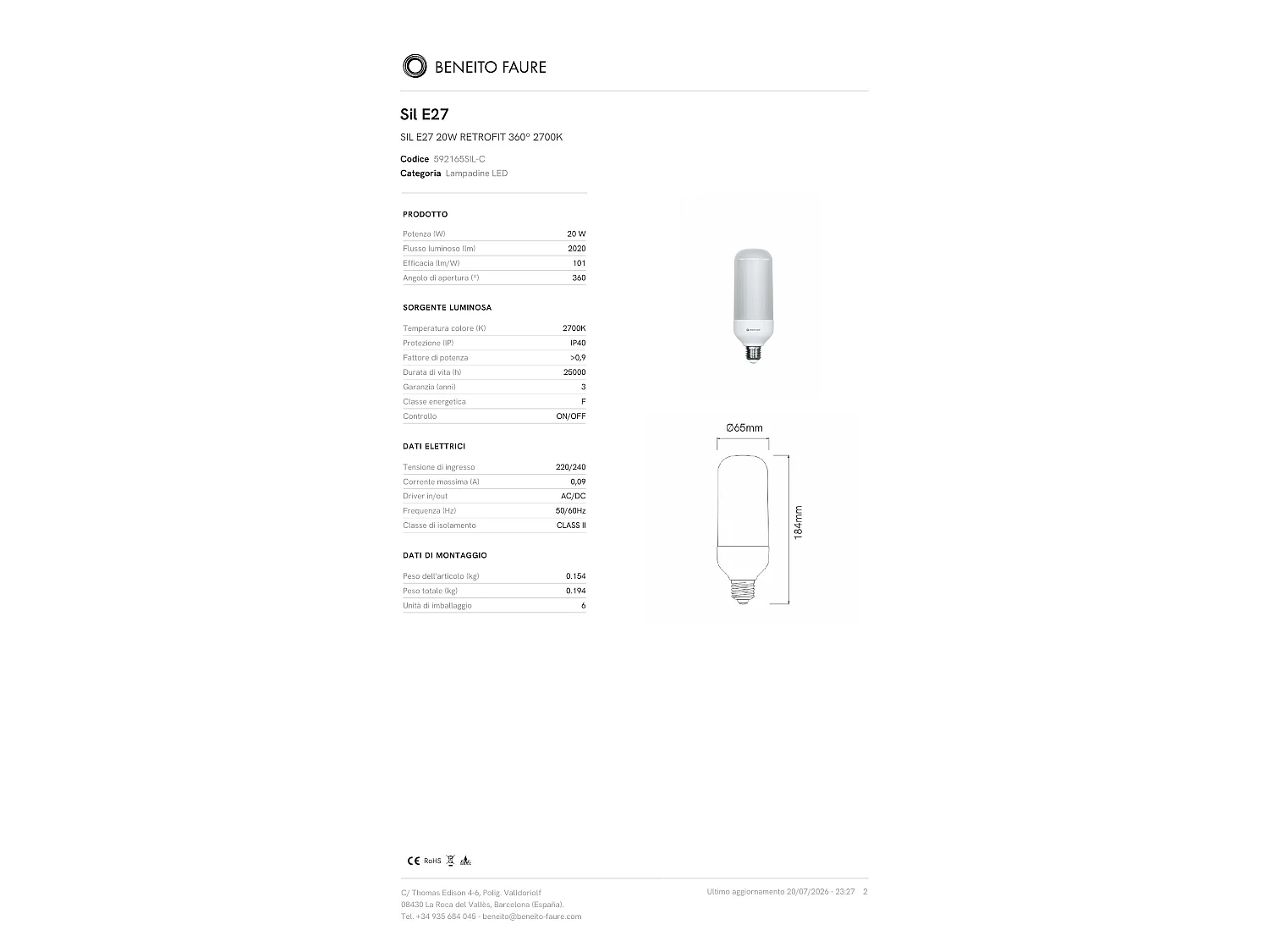 Beneito & Faure SIL E27 20W LED-Retrofit-Lampe mit 360°-Abstrahlwinkel, 2700K, 2035 Lumen, Schutzart IP40 für hochwertige Innenbeleuchtung