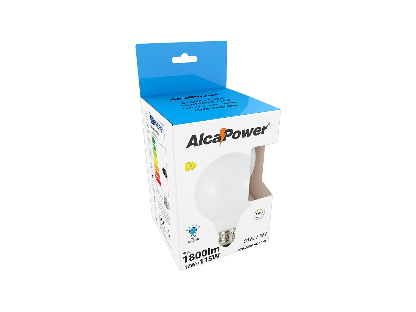 Ampoule LED Alcapower Globe G125 Filament Verre Blanc 12W E27 1800lm 6000K Lumière froide 360° Classe énergétique D Haute efficacité 25000 heures