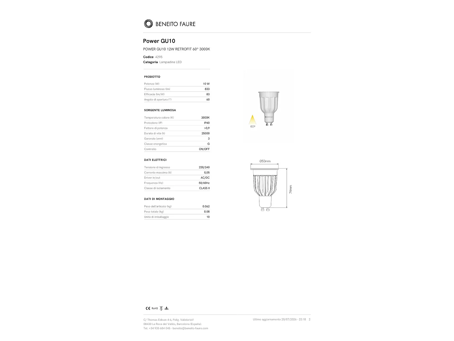 Beneito & Faure Power GU10 12W 3000K 60º Dichroitische LED-Lampe - Hohe Energieeffizienz für professionelle Innenbeleuchtung