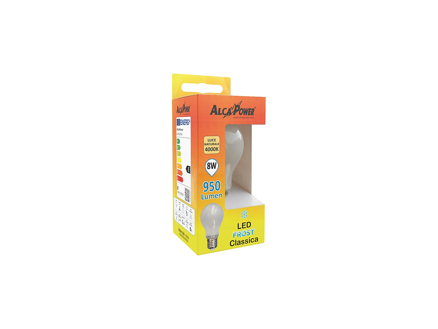 Ampoule LED Alcapower A60, verre dépoli, 8 W, culot E27, 950 lm, 4000 K, lumière naturelle, classe énergétique E, pour l'éclairage domestique.