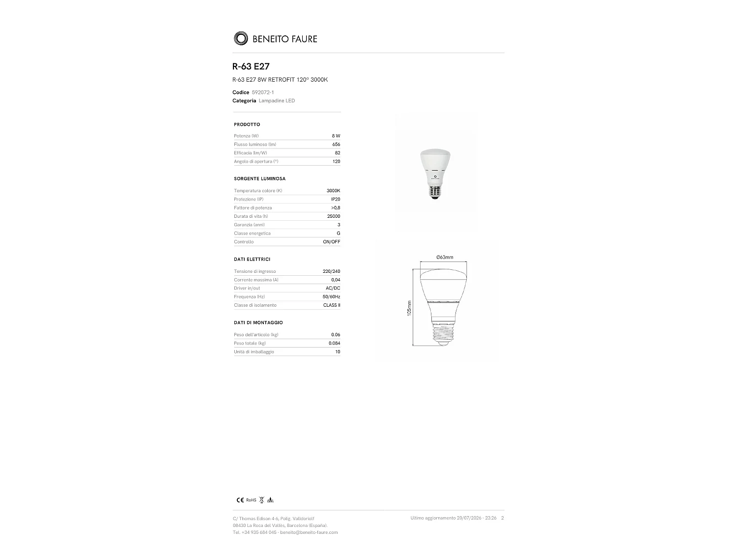Lampadina LED R63 E27 8W Retrofit 3000K 660lm Angolo 120° Luce Calda - Ideale per Illuminazione d'Interni IP40 - Beneito & Faure