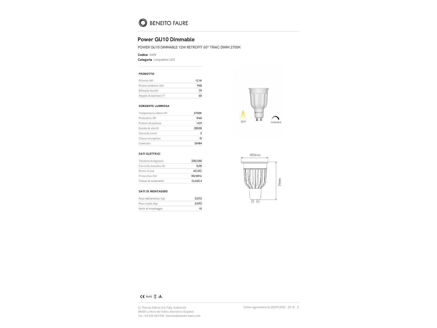 Lampadina LED Dicroica Power GU10 12W Dimmerabile TRIAC 60º 2700K 950lm, Luce Calda per Interni IP40 Bianco - Beneito & Faure