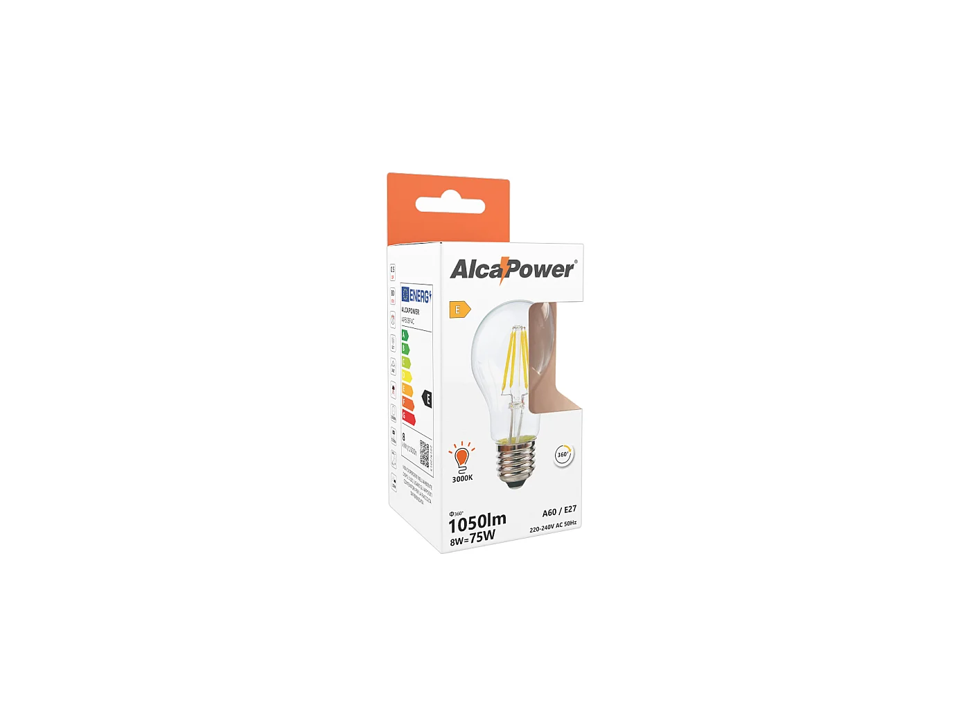 Ampoule LED à filament Alcapower A60 E27 8W 1060lm 3000K lumière chaude verre transparent Classe E - Haute efficacité lumineuse pour l'éclairage
