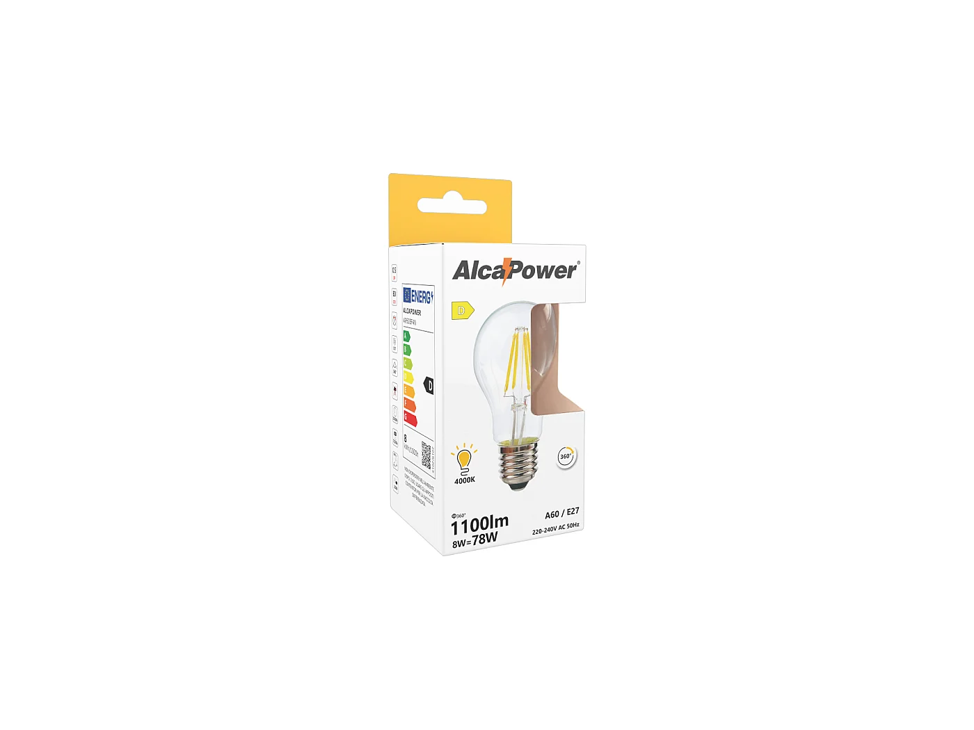 Ampoule LED à filament transparent Alcapower A60 E27 8W 1100lm 4000K lumière naturelle, classe énergétique D, verre haute résistance