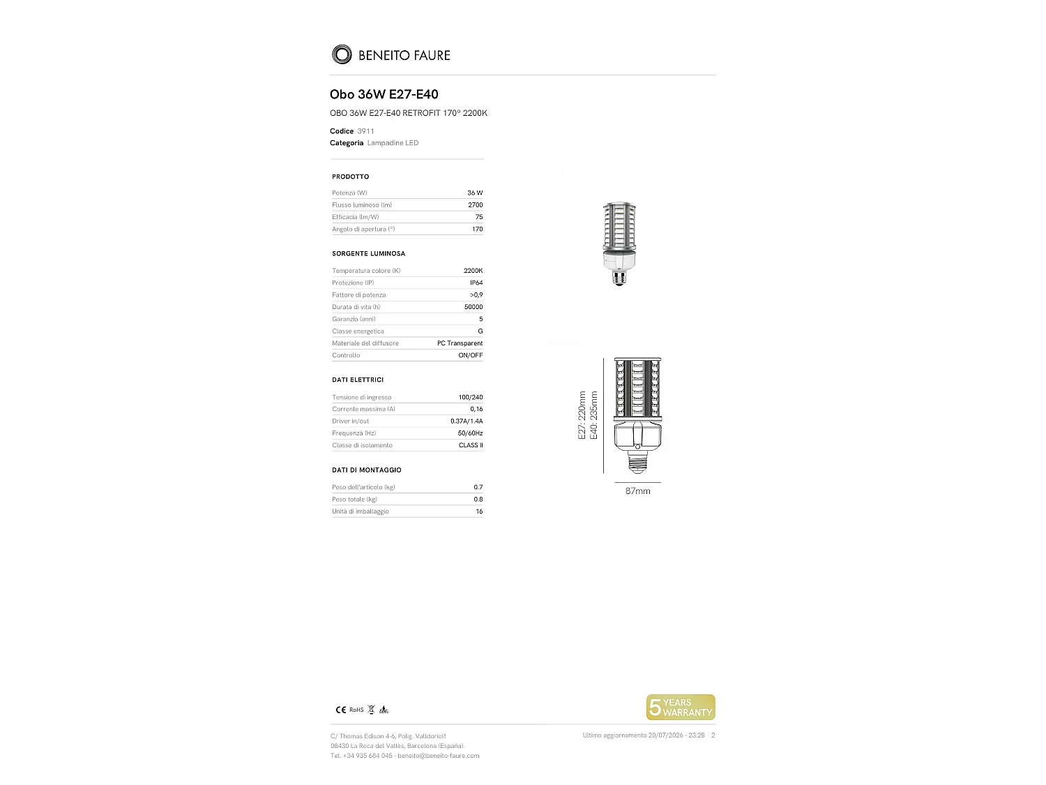 OBO 36W LED projektør E27/E40 2200K 2700lm 170º strålevinkel IP64 til professionel udendørsbelysning - Beneito & Faure