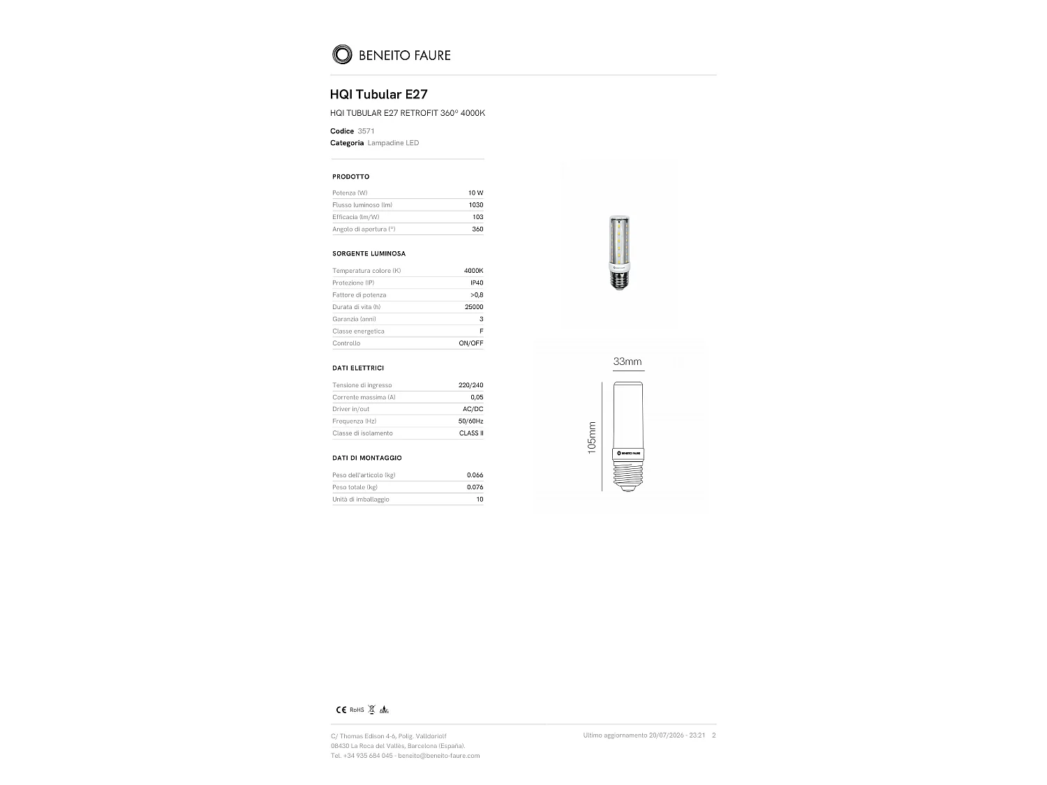 HQI LED-Röhrenlampe E27, 10 W, 360° Abstrahlwinkel, natürliches Licht (4000 K), 1030 lm, professionelle Innenröhrenlampe - Beneito & Faure