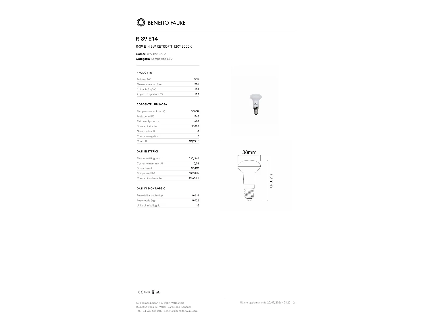 Lampadina LED R39 E14 3W 3000K Fascio 120º 308 Lumen Classe Energetica Efficiente per Illuminazione Interna IP40 - Beneito & Faure
