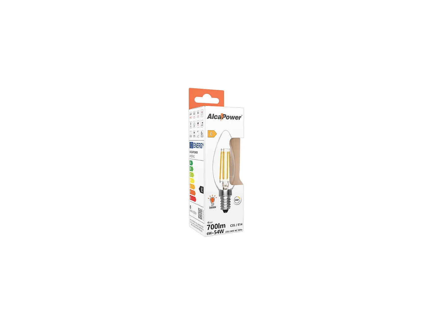 Alcapower C35 LED-Filament-Kerzenlampe Klar E14 6W 810lm 3000K Warmweiß - Energieklasse D, hohe Effizienz und lange Lebensdauer