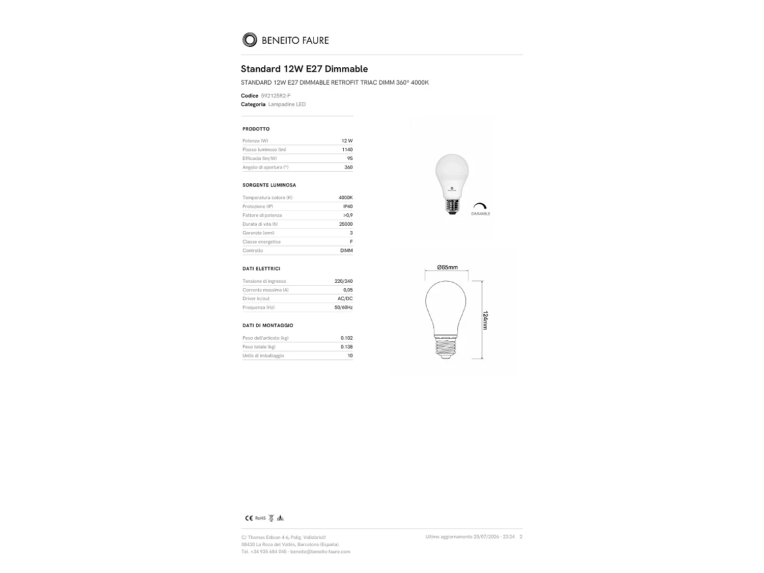 Lampadina LED Standard 12W E27 Dimmable Retrofit 360° 4000K 1144lm Triac Dimmerabile per Interni IP40 - Beneito & Faure Professional