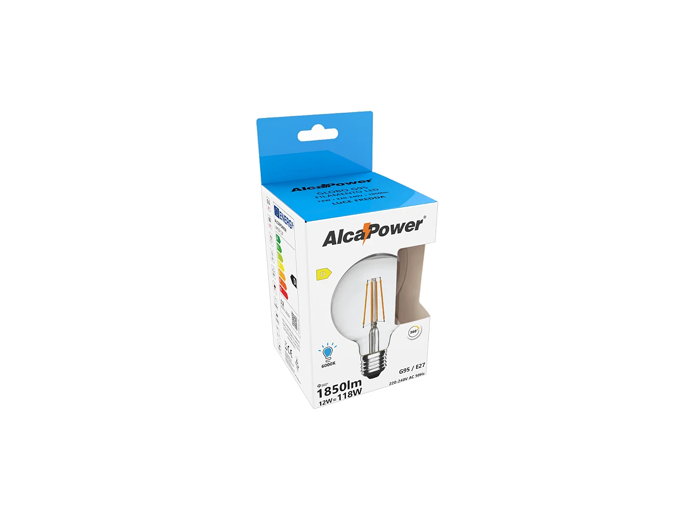 Ampoule LED Globe Alcapower G95 Filament Transparent E27 12W 1850lm Lumière Froide 6000K Haute Efficacité Durée 25000h Classe Énergétique D