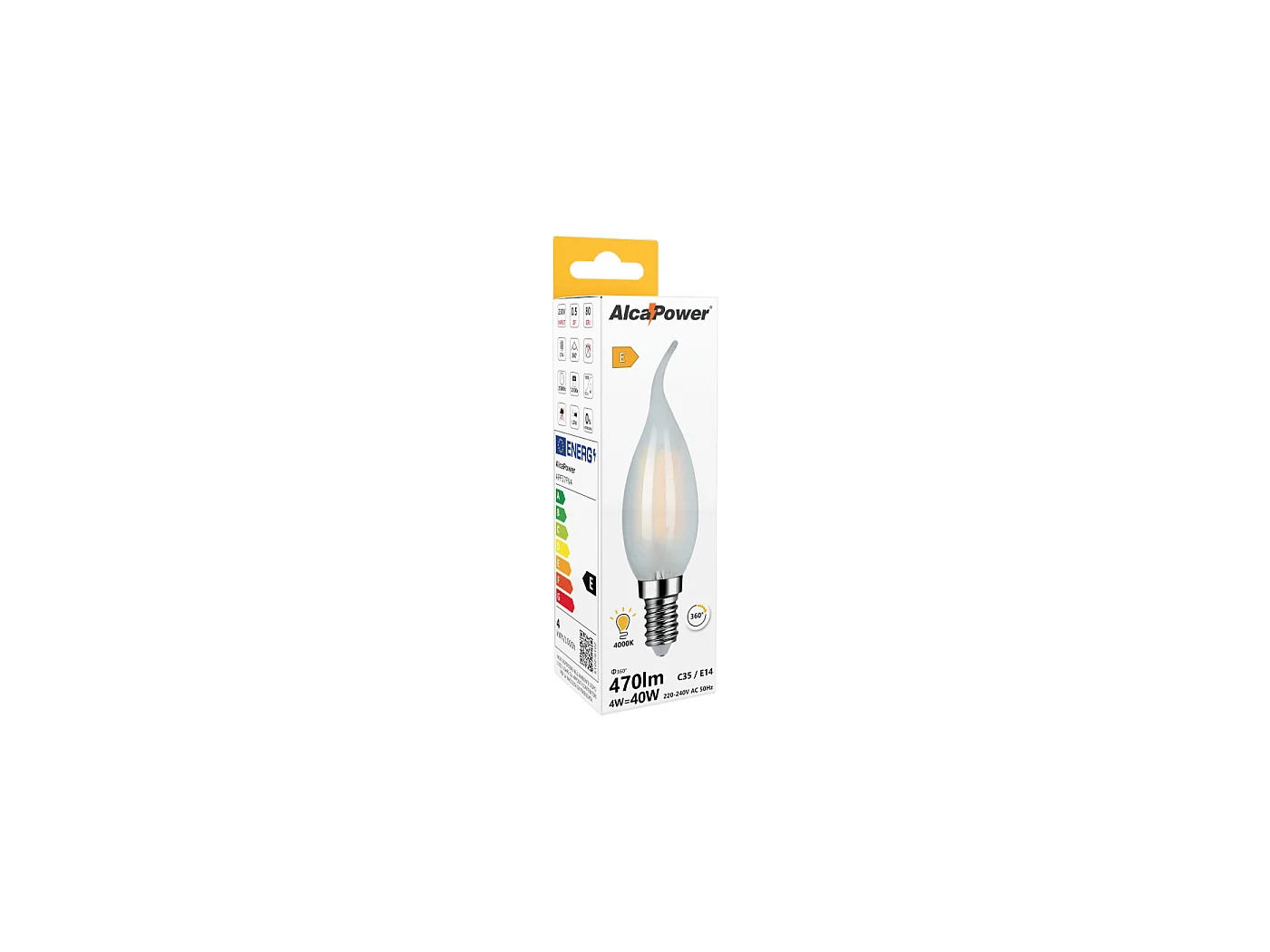 Alcapower LED-Kerze C37 Frostglas E14 4W 470lm 4000K Neutralweiß, elegantes Design für effiziente Innenbeleuchtung.