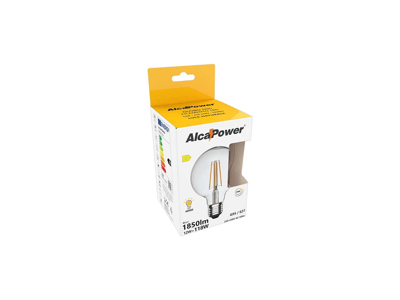 Alcapower G95 LED-Globelampe, Filament transparent, 12W E27, 1850lm, 4000K Neutralweiß, Energieklasse D, 25000 Std. Lebensdauer.