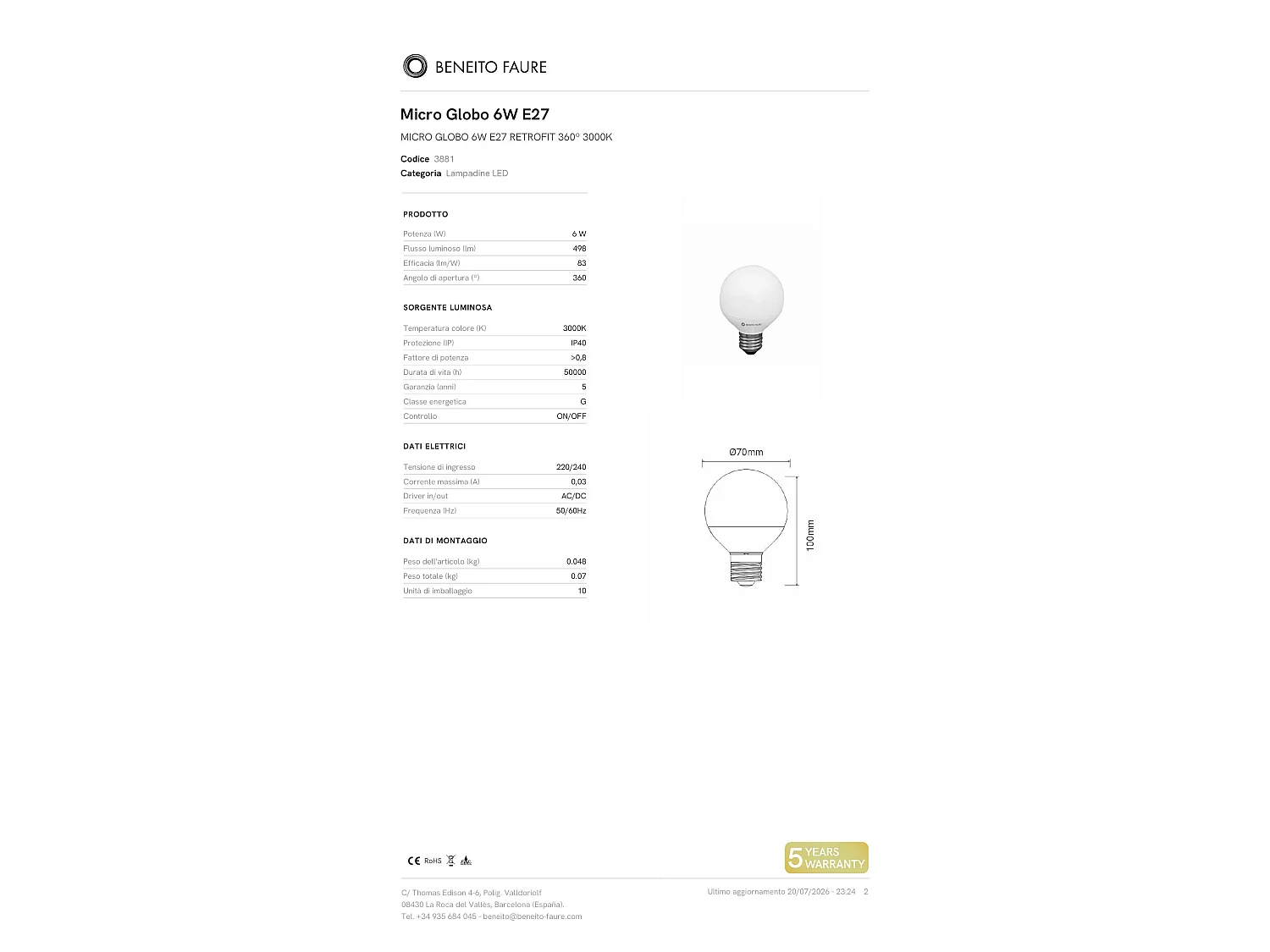 6W E27 Micro Globe LED-Lampe, 360°-Abstrahlwinkel, Warmweiß 3000K, 500 Lumen, Kompaktes Design - Beneito & Faure