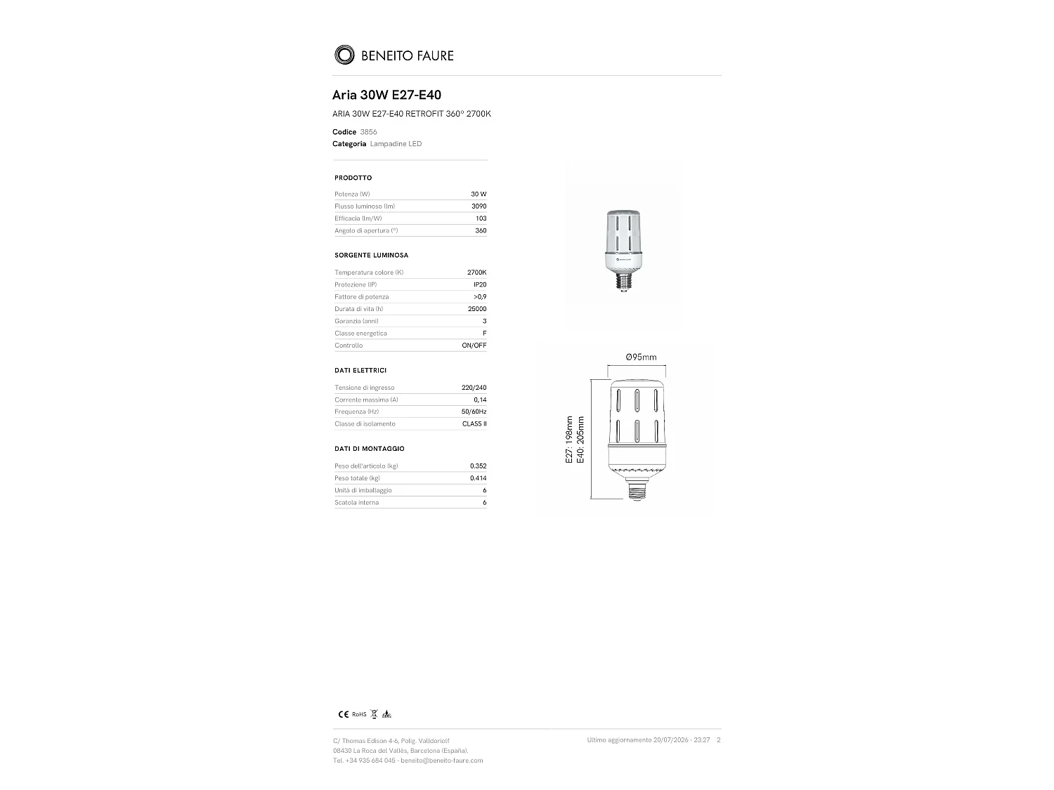 Beneito & Faure ARIA LED-Lampe 30W, E27/E40 Sockel, 2700K Warmweiß, 360 Grad Abstrahlwinkel, 3100 lm Lichtstrom, IP20 Schutz, hohe Effizienz.