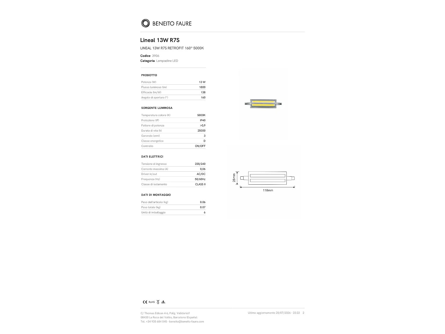13W R7S LED-Röhrenlampe zum Nachrüsten, 160°, 5000K, 1800lm, TRIAC-dimmbar, für Innenbeleuchtung - Beneito & Faure