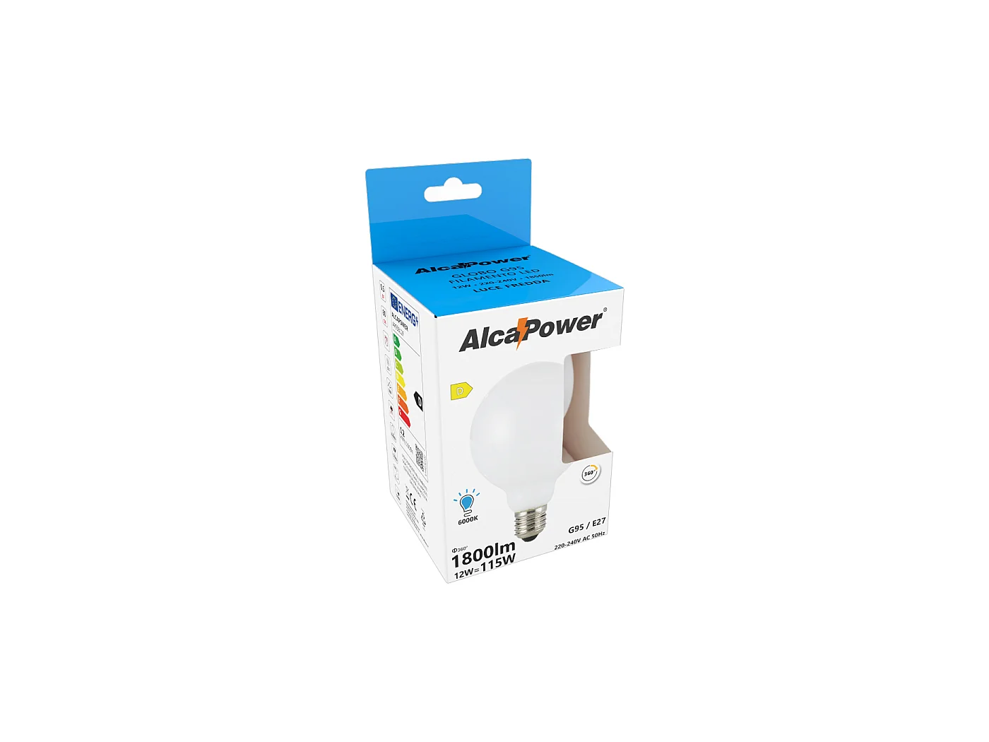 Ampoule LED Alcapower G95 à filament blanc 12 W 1800 lm 6000 K Culot E27 Lumière froide Haute efficacité énergétique Classe D 230 V 50 Hz