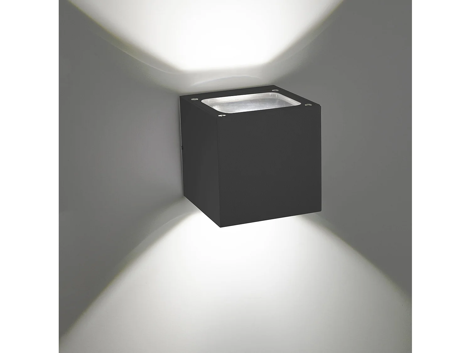 Aplique de pared LED IP54 para interior y exterior, aluminio fundido gris oscuro, 2 x 10 W, 3000 K, luz cálida, diseño moderno, compacto y versátil.