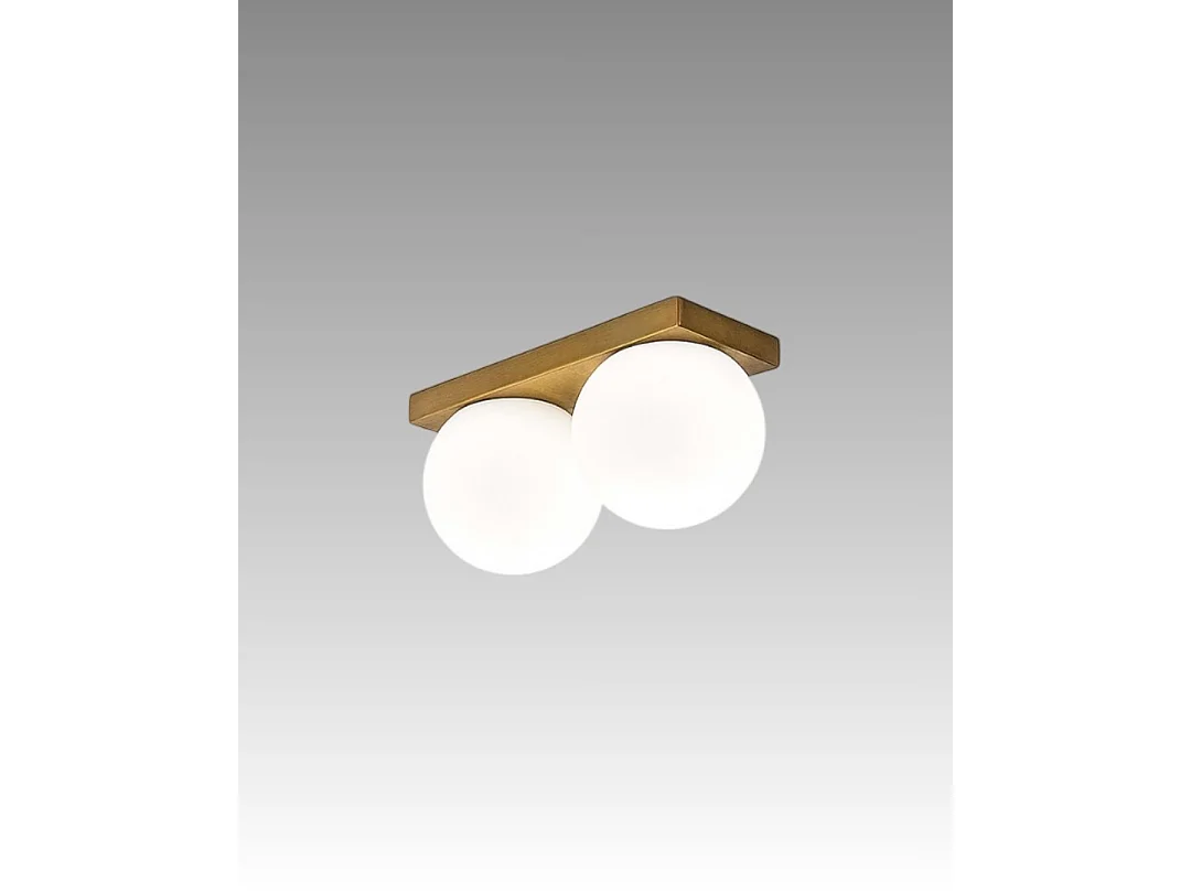 Plafonier LED Série 8378 Latão Brunido, 2x8W 3000K, Design Moderno, Difusores em Vidro Soprado Satinado, IP40 - Perenz Iluminação de Interior