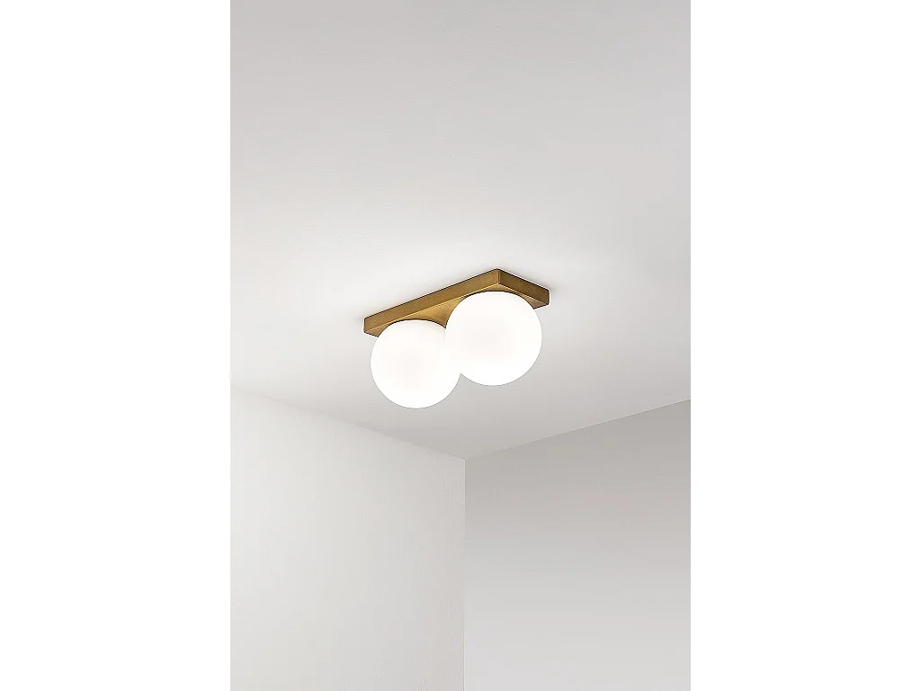 Plafoniera LED Serie 8378 in Metallo Ottone Brunito, 2x8W 3000K, Design Moderno con Diffusori in Vetro Soffiato Satinato, IP40 - Perenz