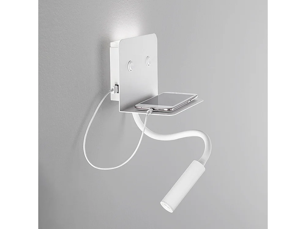Aplique de pared de metal blanco, lámpara LED con brazo flexible, puerto USB integrado e iluminación de 3000K, serie 6636 - Perenz