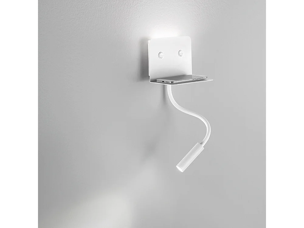 Aplique de pared de metal blanco, lámpara LED con brazo flexible, puerto USB integrado e iluminación de 3000K, serie 6636 - Perenz