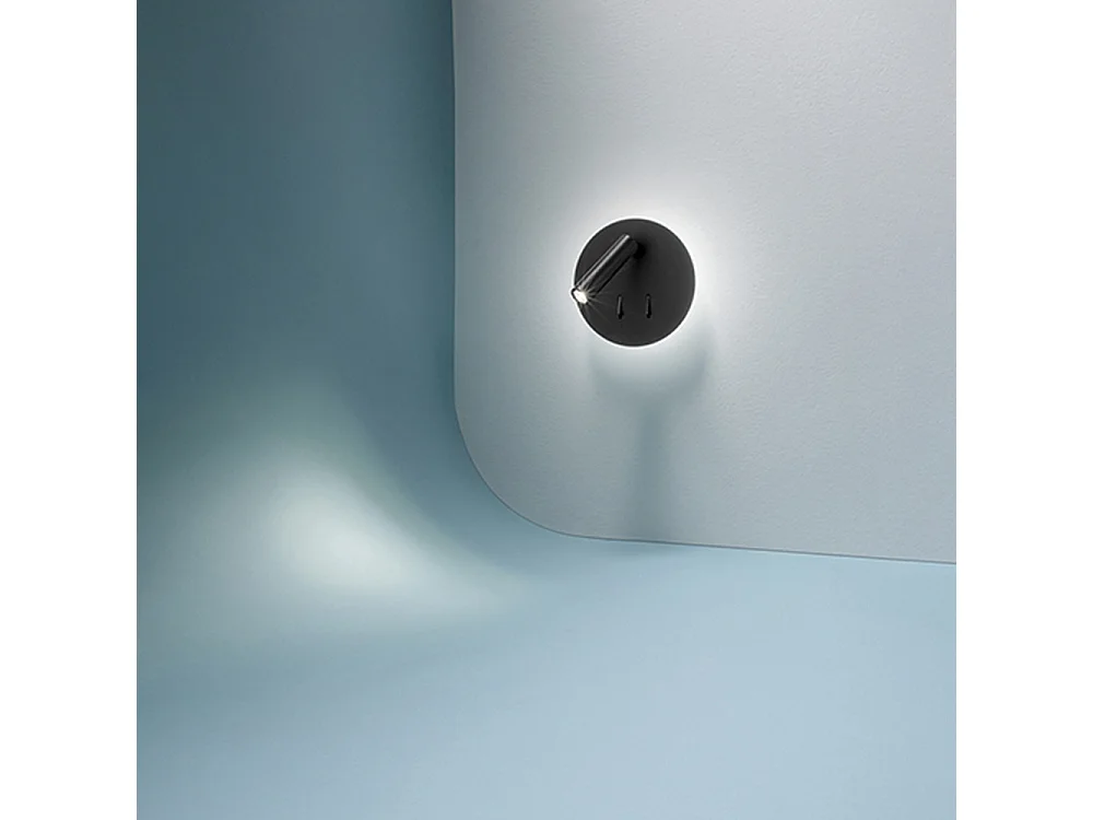 Aplique de parede em metal preto, design moderno com projetor orientável LED 6W+3W integrado, luz quente 3000K - Perenz, ideal para interiores.