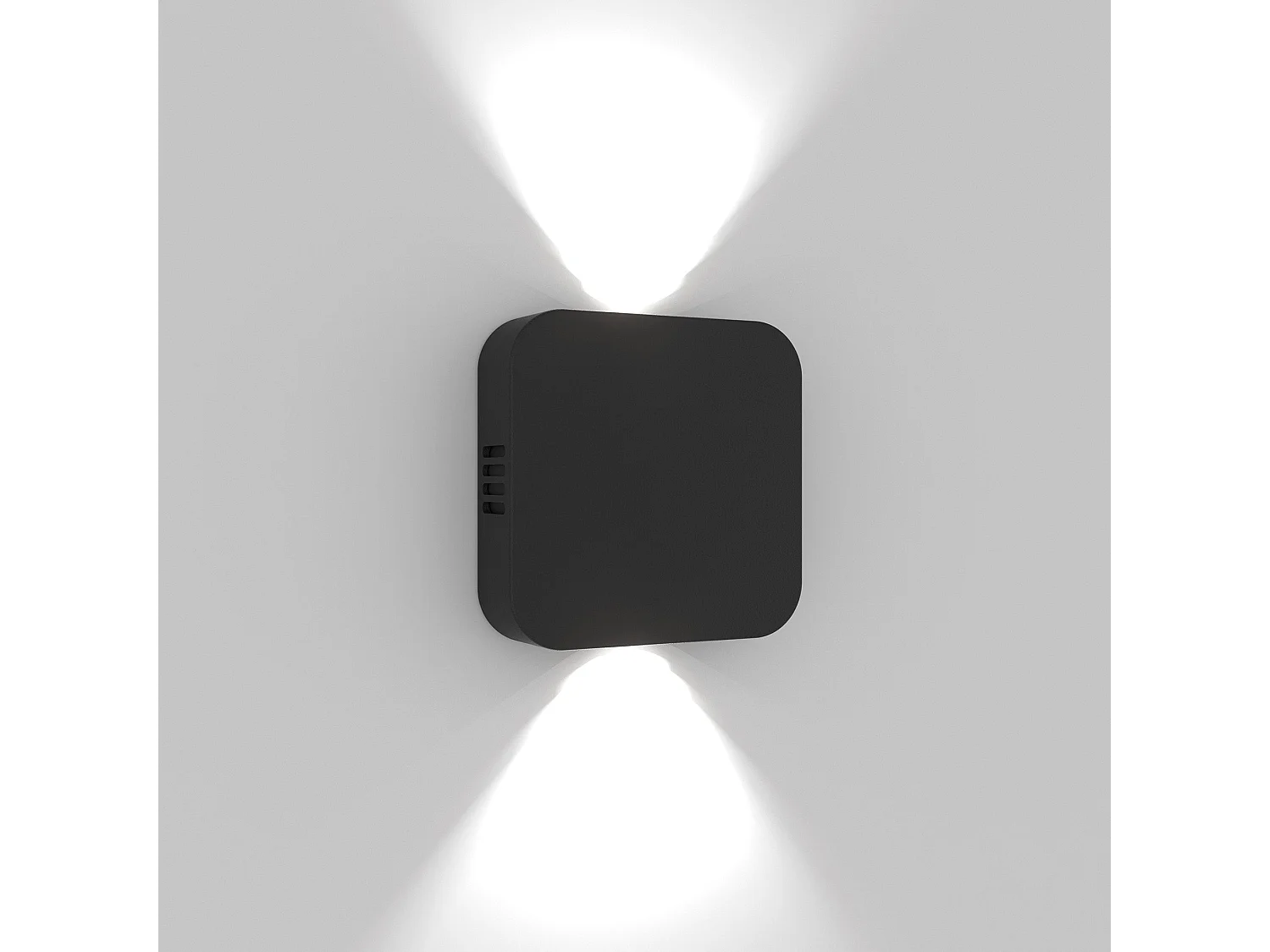 Luminária de parede em alumínio fundido preto mate, design giratório 90 graus, dupla emissão LED 3000K e proteção IP54 para uso exterior total.