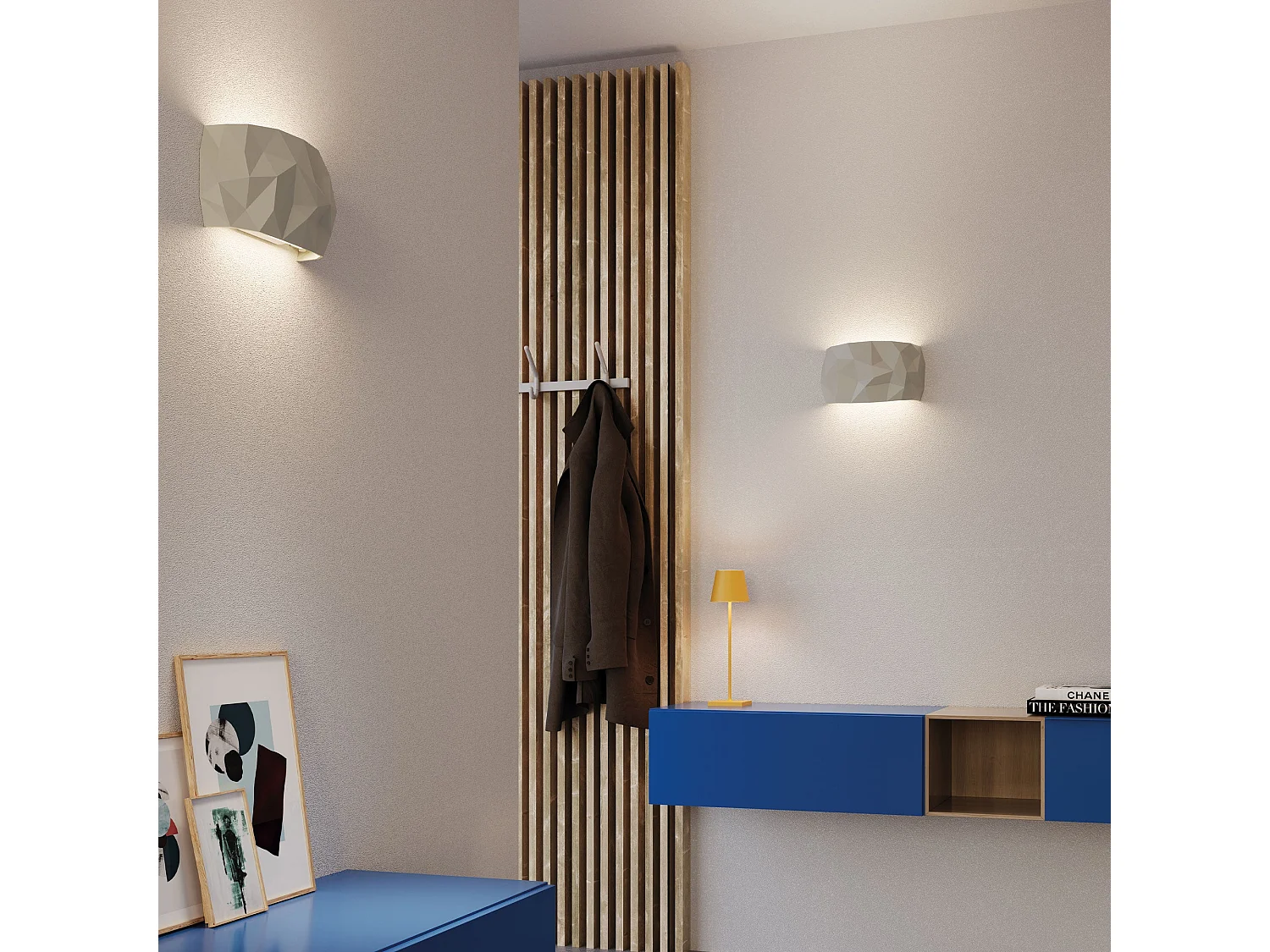 Lámpara de pared LED de cerámica artesanal en ángulo con atenuación TRIAC y temperatura de color ajustable, acabado blanco, 22,2 W.