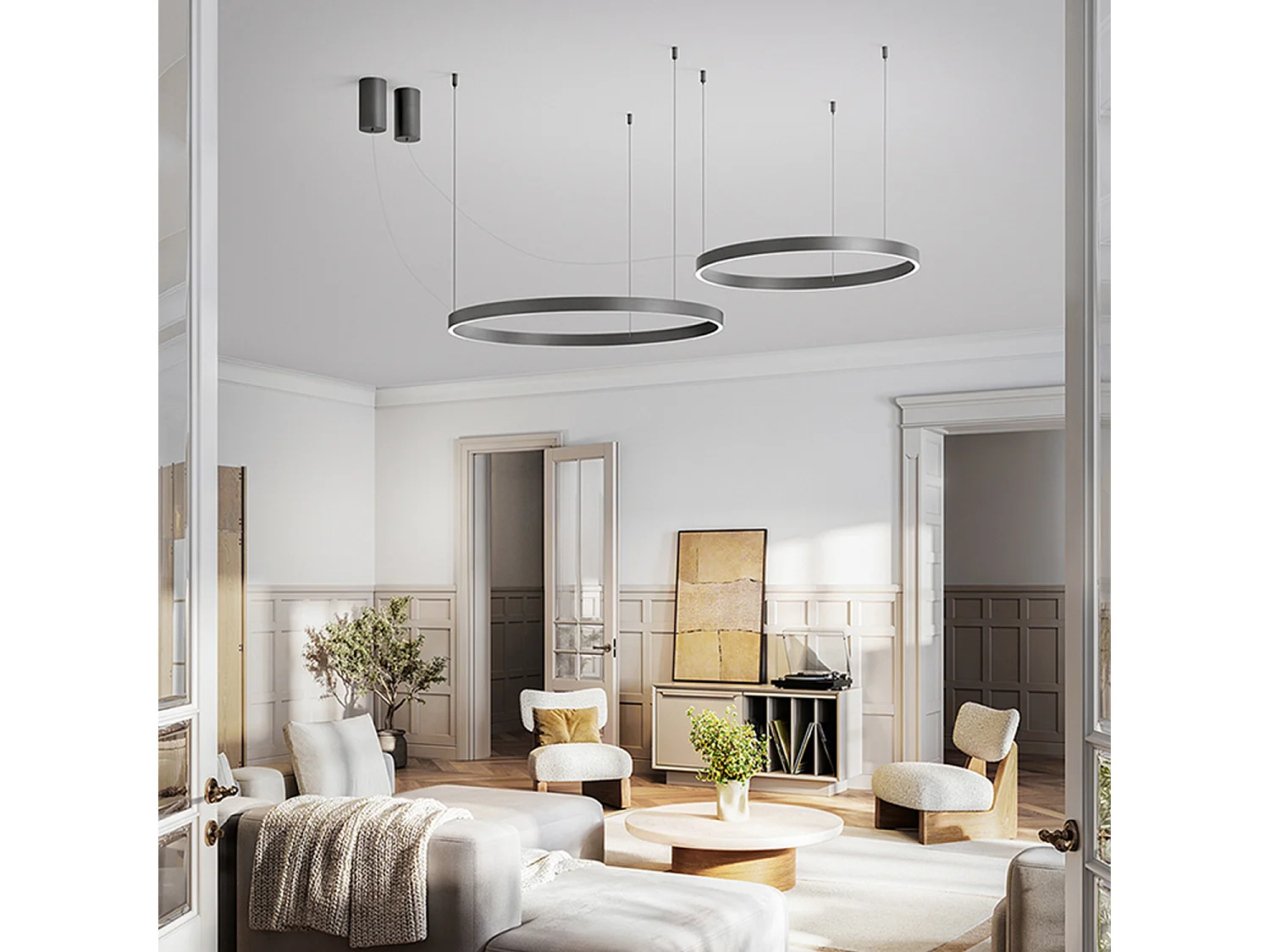 LED-Pendelleuchte der Serie 8284, Gestell aus Metall und Aluminium, modernes Design in Metallic-Grau, 87 W dimmbar, Durchmesser 100 cm - Perenz
