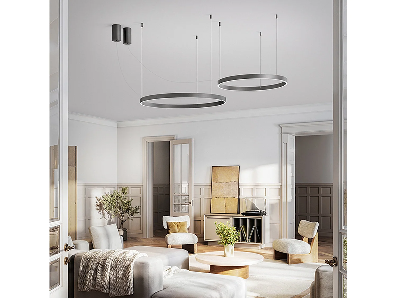 8284 Series LED Pendant Lamp, Metal and Aluminum Frame, Modern Metallic Gray Design, 87W Dimmable, Diameter 100cm - Perenz