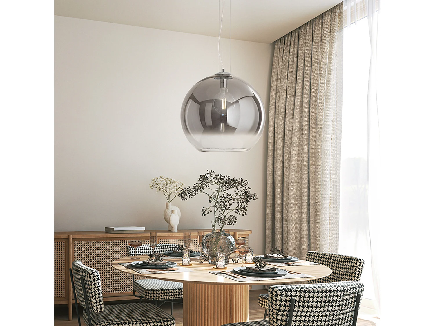 Pendelleuchte Serie 10S48526 aus mundgeblasenem Glas, Rauchglas und Chrom, E27, Ø45 cm, Höhe 191 cm - Perenz