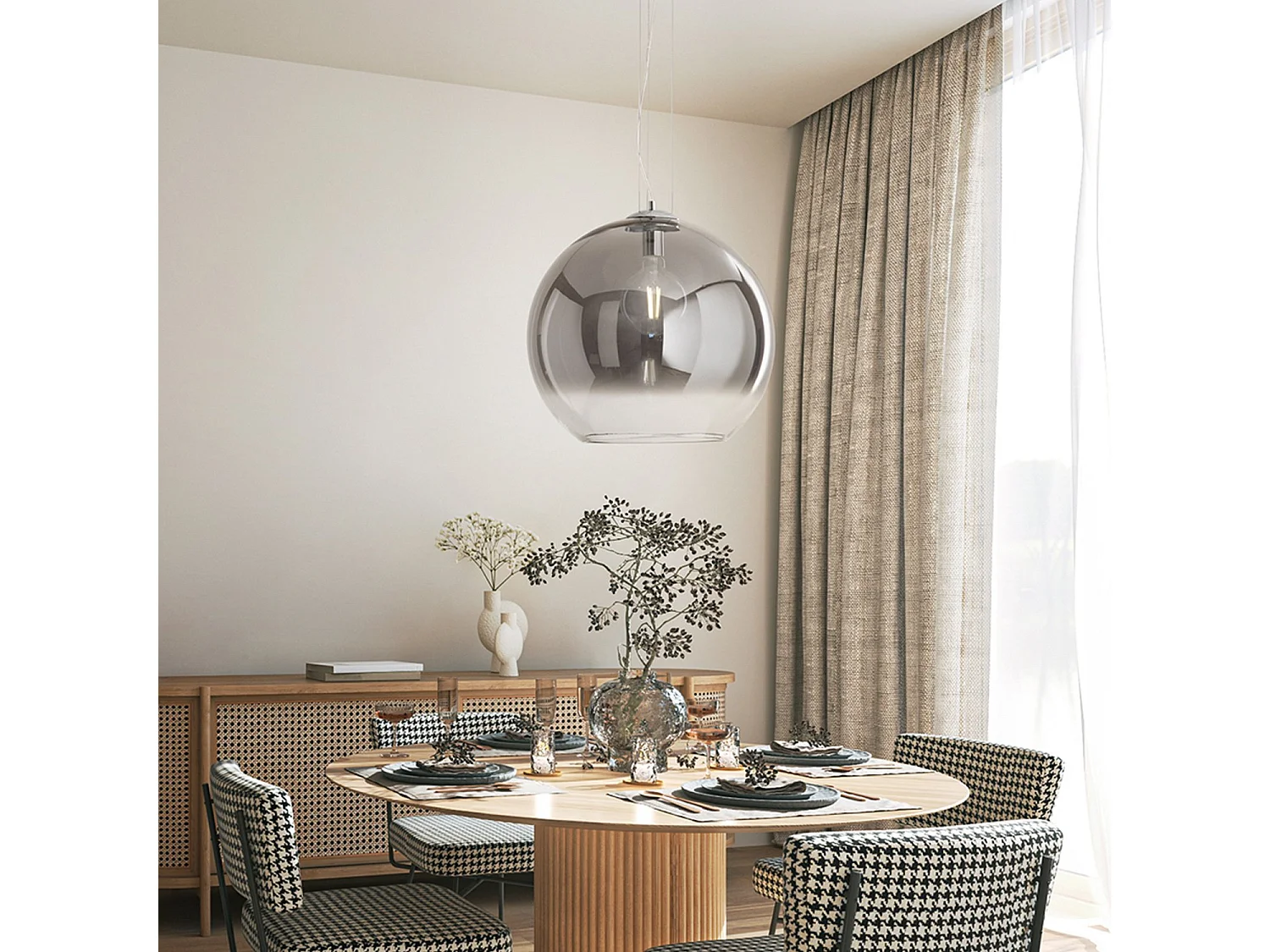 10S48526 series blown glass pendant lamp, shaded transparent smoke and polished chrome, E27 socket, diameter 45 cm, height 191 cm - Perenz