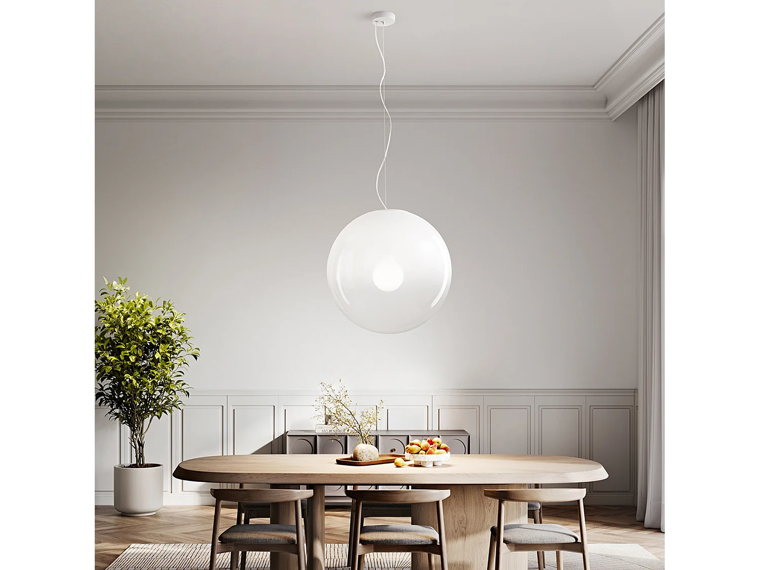 Hanglamp van gekapseld opaalwit geblazen glas, metalen en aluminium structuur, diameter 50 cm, E27 fitting, klasse I, IP20 - Perenz