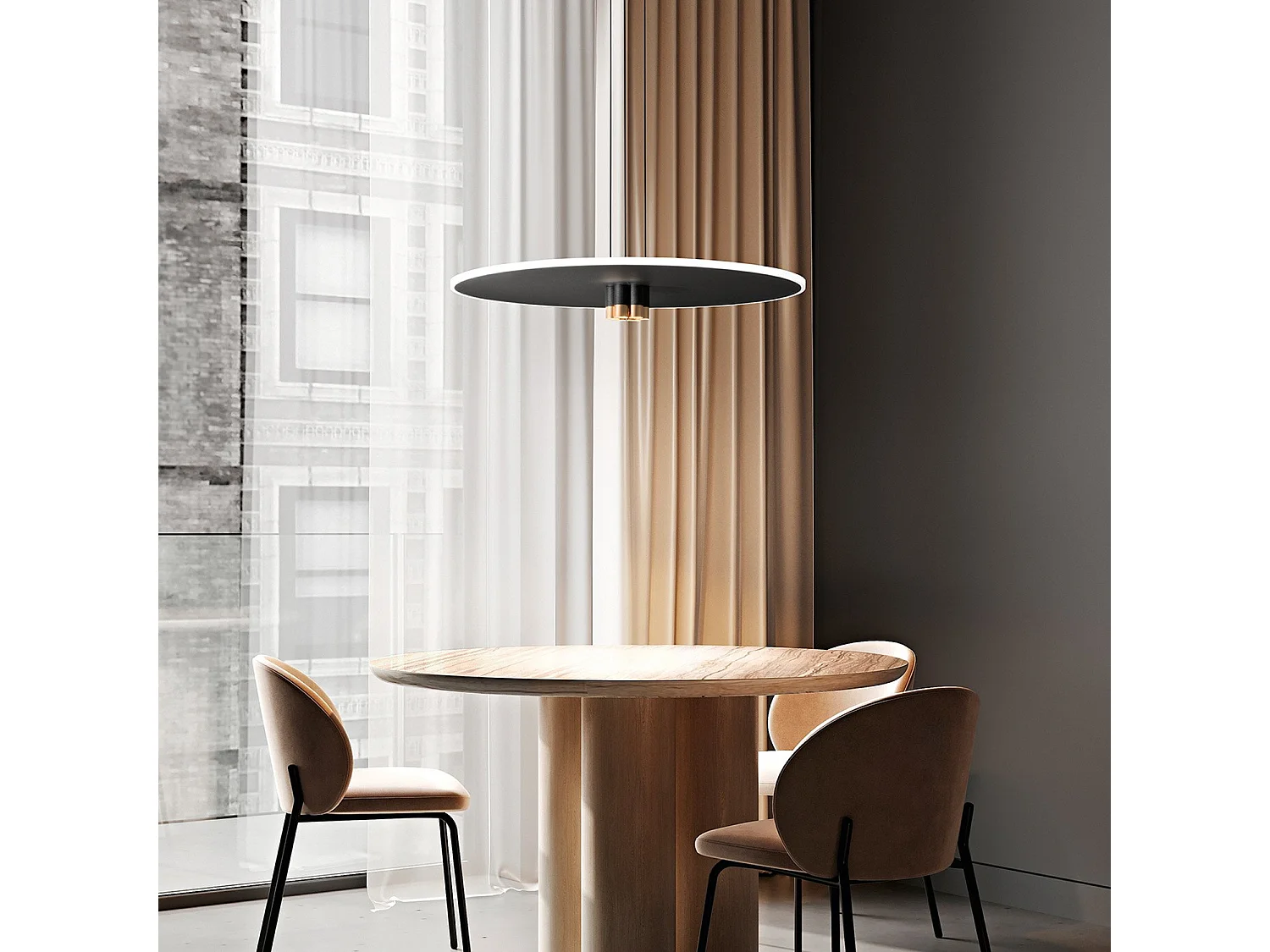 50W LED pendellampe, moderne design, mat sort og børstet guldmetal, satin diffuser, dæmpbar, 70 cm diameter - Perenz