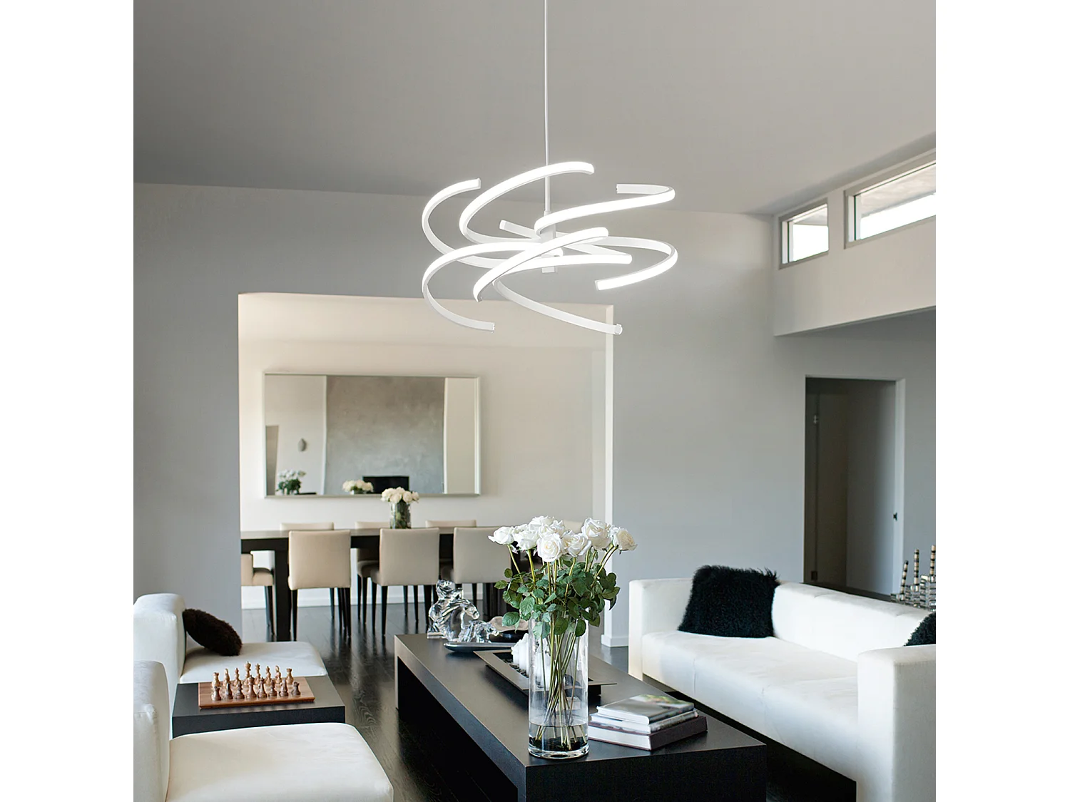 Moderne LED hanglamp van mat wit metaal, 60W, dimbaar CCT met siliconen diffuser en elegant design, diameter 47 cm - van het merk Perenz.