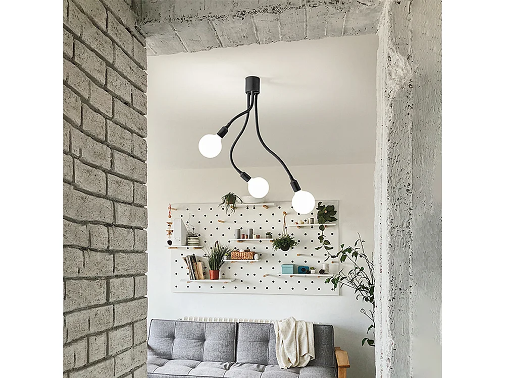 Plafoniera Industrial-Minimal-Nordico Bulbo Metallo Nero Acrilico 3 Luci E27