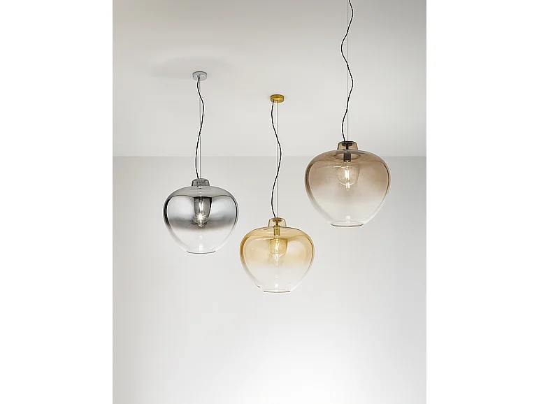 10S46667 E hanglamp van geblazen glas, modern design met getinte bruine spiegelafwerking en matzwart metalen frame, E27 - Perenz