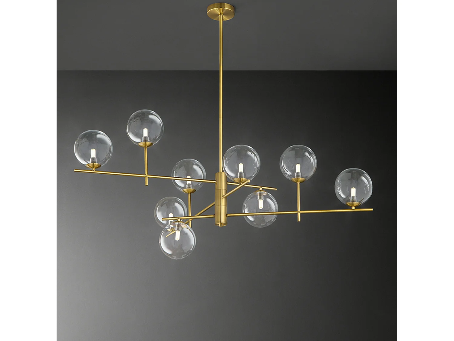 Verstelbare metalen plafondlamp in messing met 9 G9-lichten en diffusers van transparant borosilicaatglas, modern design van het merk Perenz.