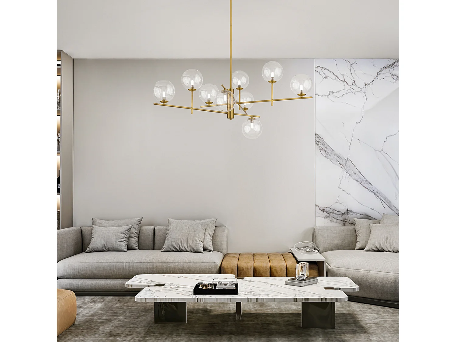 Verstelbare metalen plafondlamp in messing met 9 G9-lichten en diffusers van transparant borosilicaatglas, modern design van het merk Perenz.