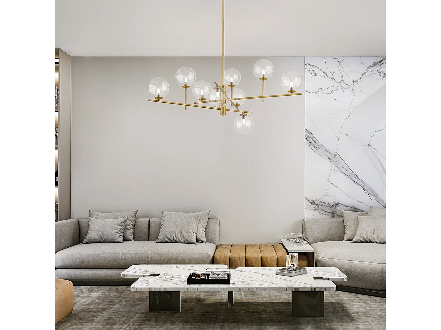 Adjustable Ceiling Light in Metal and Aluminum Burnished Brass 9 G9 Lights, Modern Design with Transparent Borosilicate Glass Diffusers - Perenz