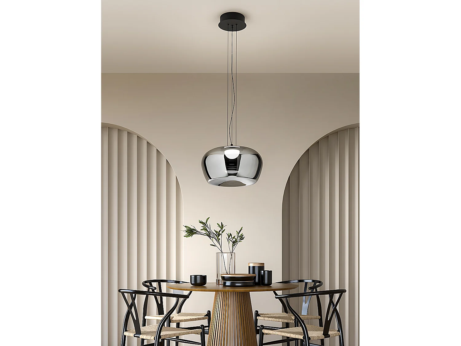 LED pendellampe 20 W lavet af røgfarvet spejlglas, mat sort, Ø38 cm, moderne elegant design til indendørs brug - Perenz