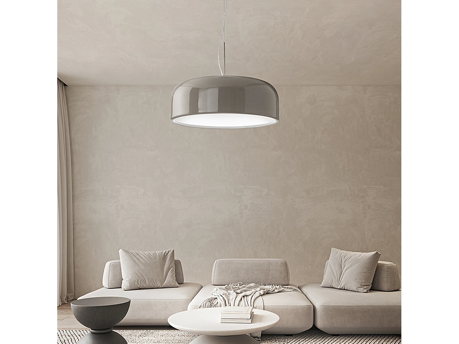 Glänzende, taubengraue Metall-Pendelleuchte mit integrierter, dimmbarer LED-Technologie (50 W Farbtemperatur), Durchmesser 60 cm - Perenz