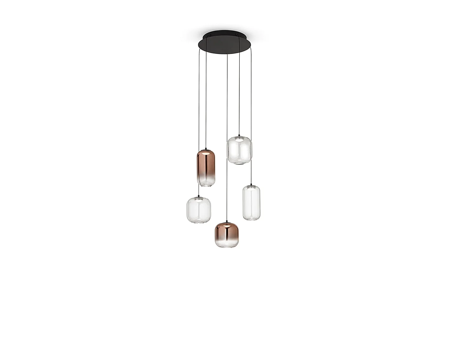 Candeeiro de Suspensão LED com 5 Luzes em Alumínio e Metal Preto Mate, Design Circular Moderno, 25W, 3000K, Luz Quente Sofisticada - Perenz