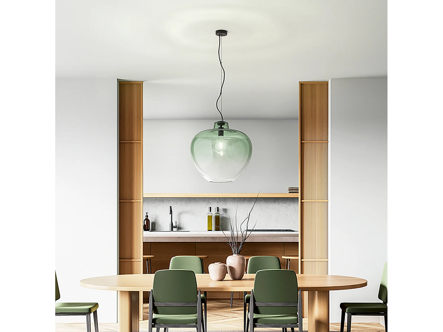 10S46667 VE hanglamp van geblazen glas, modern design met groene, spiegelende kap en matzwart metalen frame, E27 - Perenz