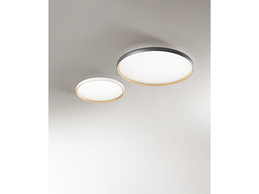 Plafonier LED Circular em Metal Preto Mate e Ouro, 45W CCT Regulável, Diâmetro 58,5 cm, Iluminação de Design de Interiores - Marca Perenz