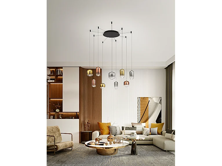 Candeeiro Suspenso LED 9 Luzes em Alumínio e Metal Preto Mate, Design Circular Moderno, 45W, 3000K, Elevada Eficiência Luminosa - Perenz Iluminação