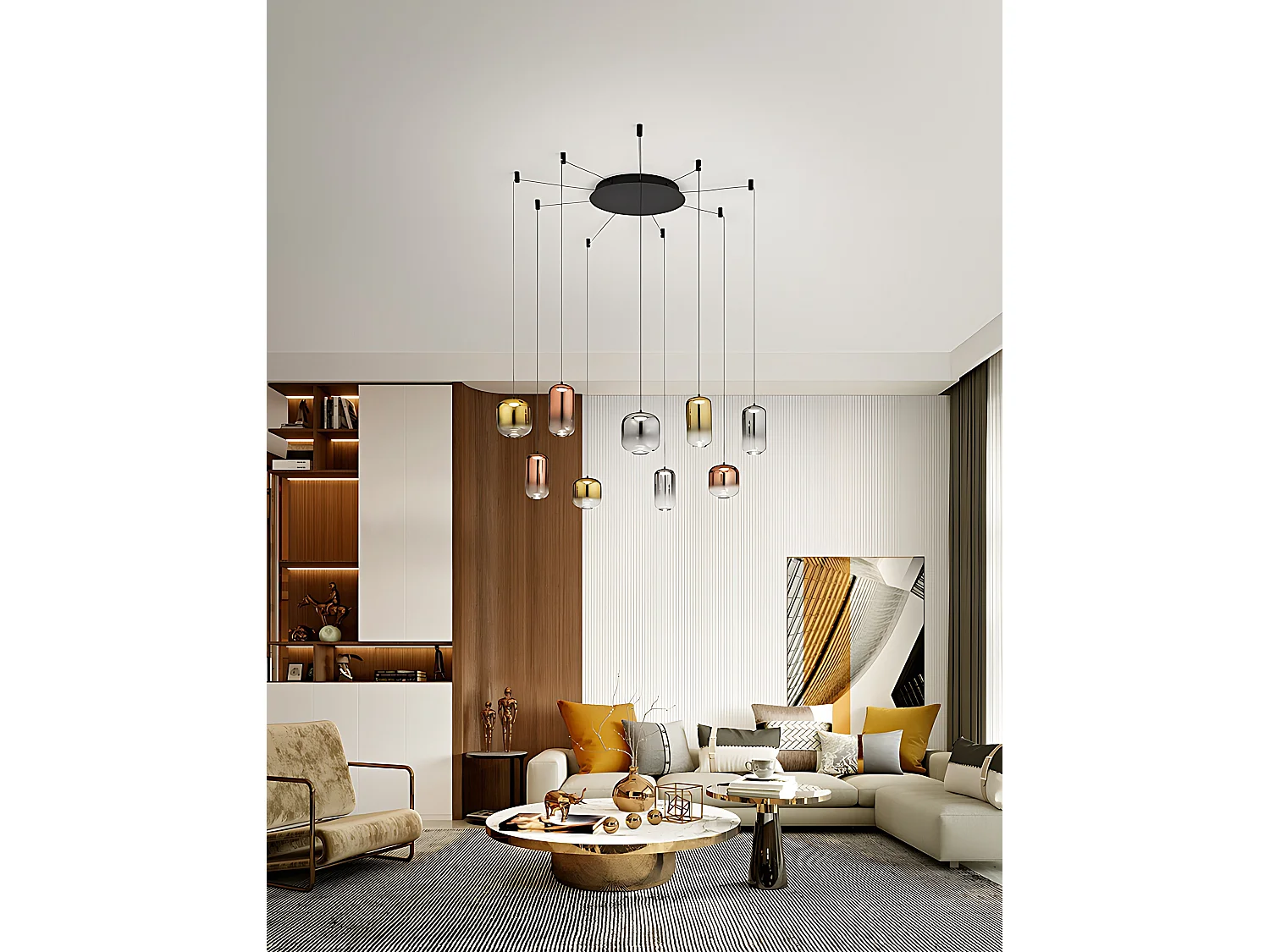 9-lys LED-pendellampe lavet af aluminium og matsort metal, moderne rundt design, 45 W, 3000 K, høj lysudbytte - Perenz