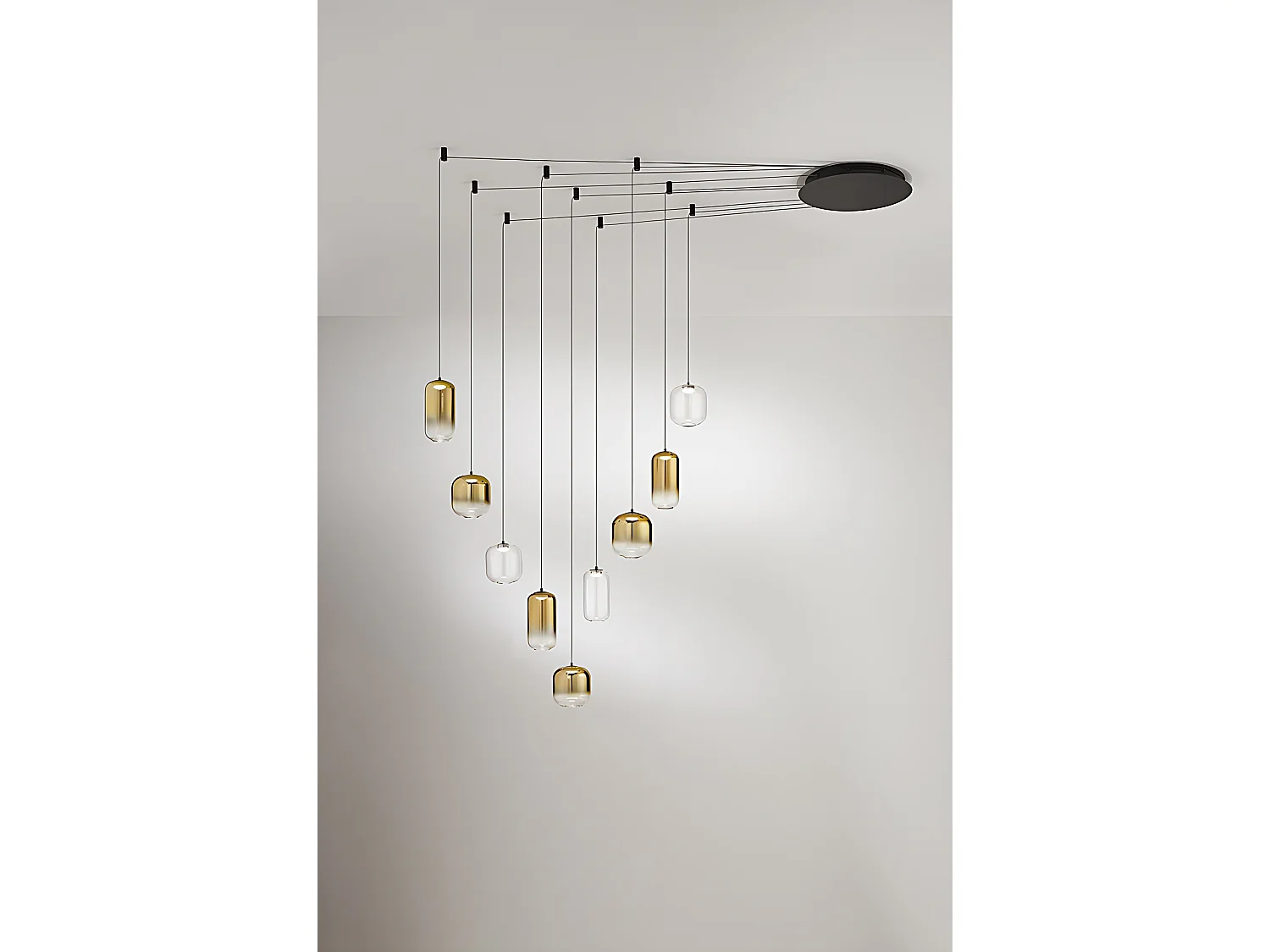 9-lys LED-pendellampe lavet af aluminium og matsort metal, moderne rundt design, 45 W, 3000 K, høj lysudbytte - Perenz