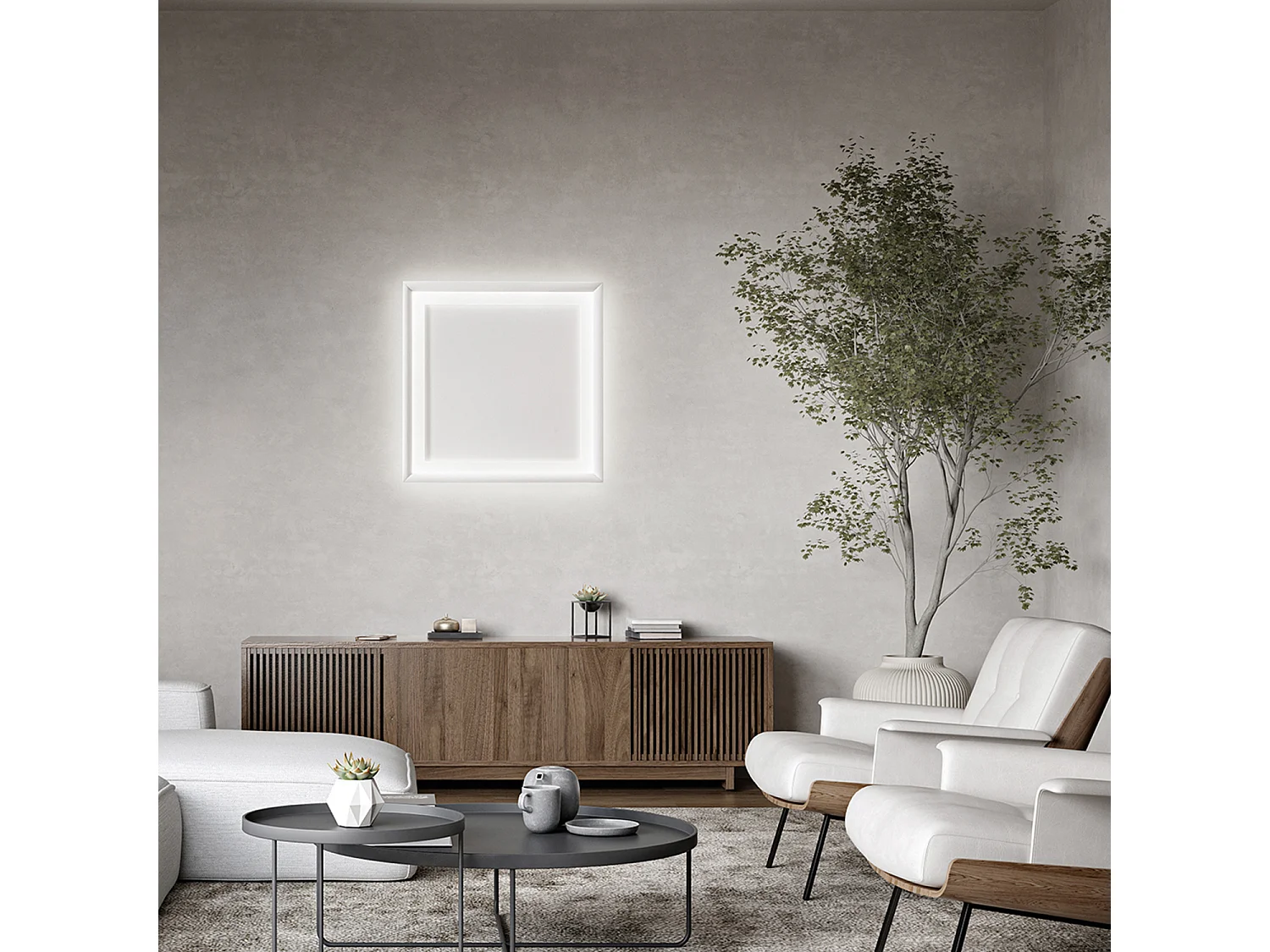 Vierkante LED-plafondlamp in mat wit metaal, 40W 3000K, modern minimalistisch design, plafondlamp L.50x50 cm - Perenz